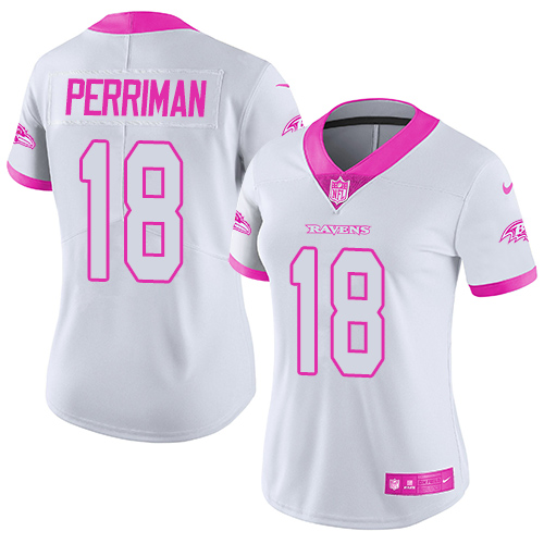 Women's Limited Breshad Perriman Nike Jersey White/Pink - #18 Rush Fashion NFL Baltimore Ravens